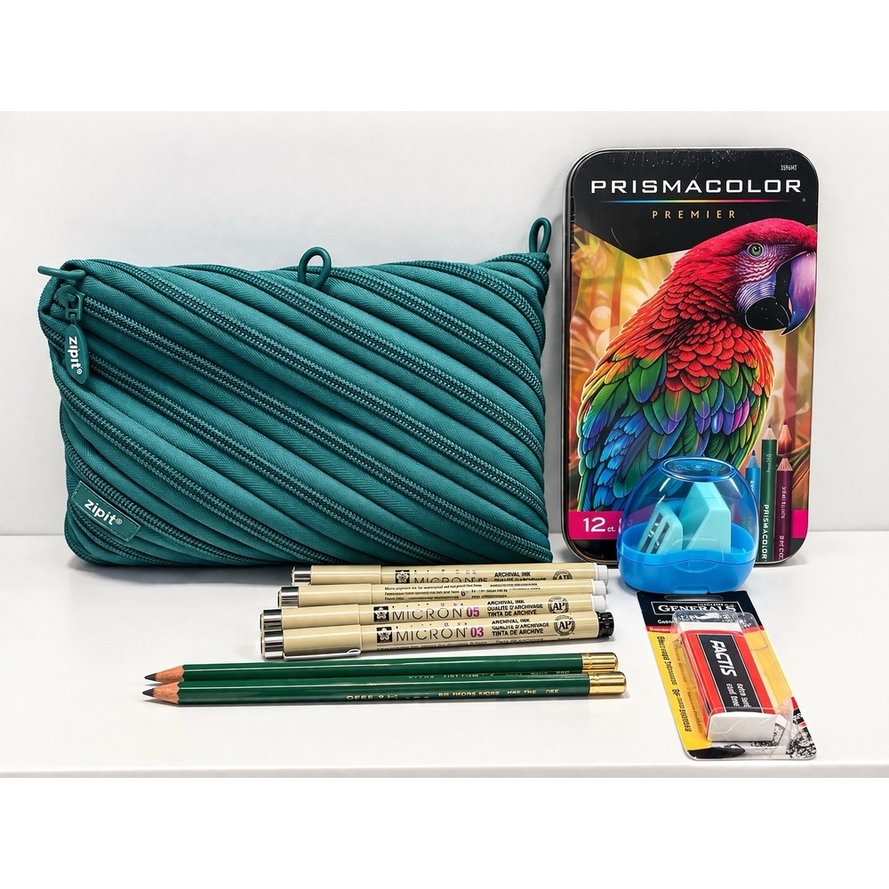Zipit Pencil Case Art Supply Bundle Prismacolor Micron Pens Pencils Eraser Set
